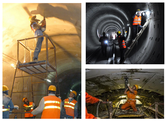 工人们正在对地铁隧道进行钻孔